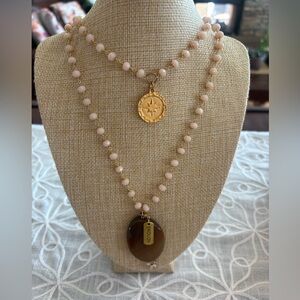 “Enough” Cream and Gold Rosary Style Necklace + North Star Coin + Agate Pendant
